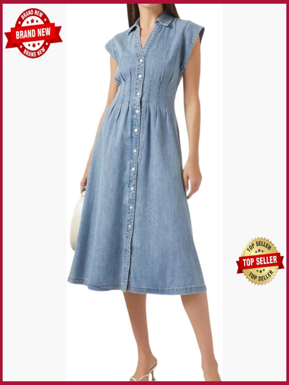 Women's Denim Button Down Midi Dress with Cap Sleeves